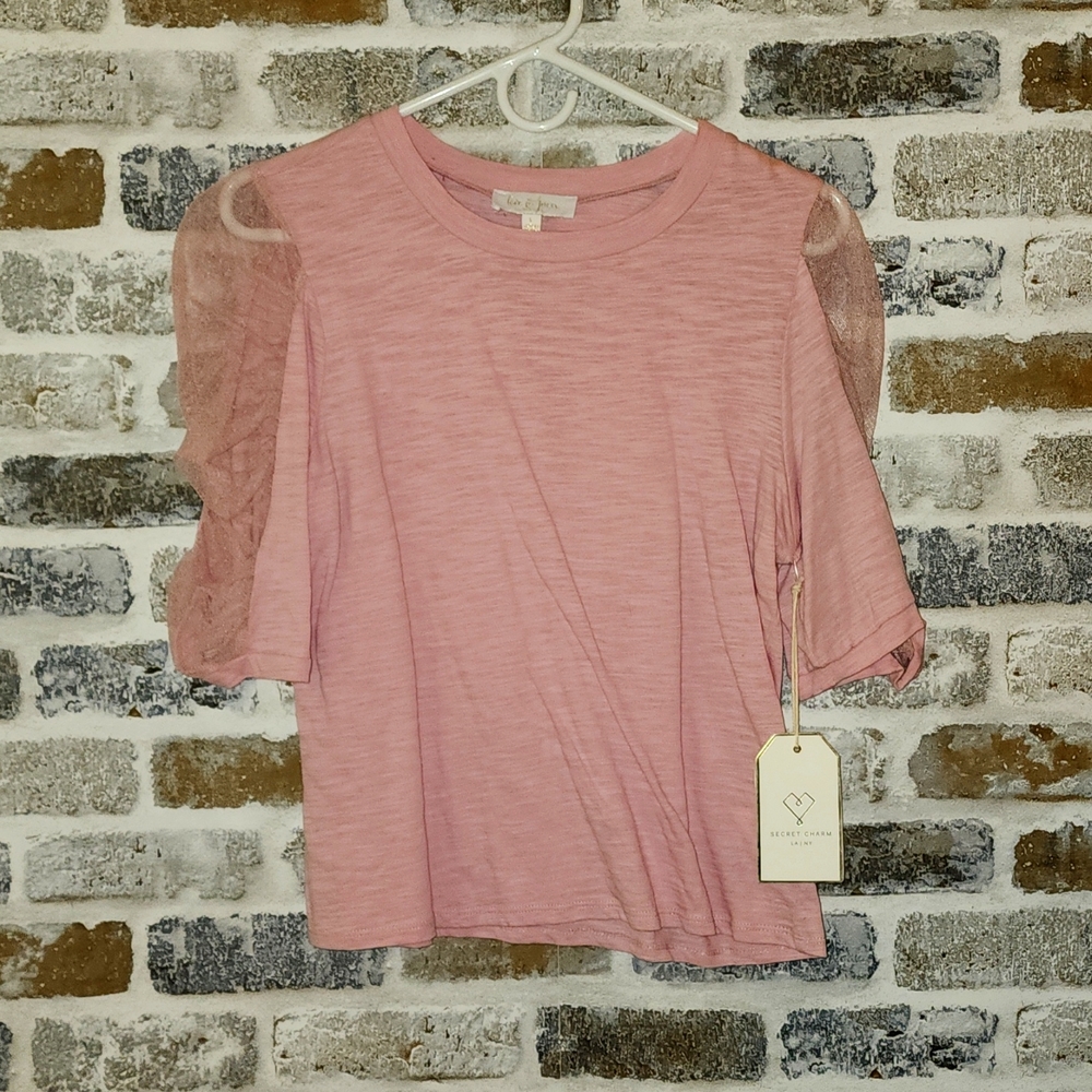 NWT Large Pink Top with Sheer Puffy Sleeves